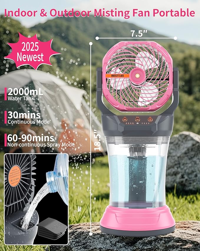 WESTTREE Portable Misting Fan with Large Battery Fan-Rechargeable Outdoor Misting Cooling Fans with 2L Water Tank,RGB Lights,4 Speeds & Spray Modes-for Patio, Camping, Beach, Workshop (Gray-Pink)