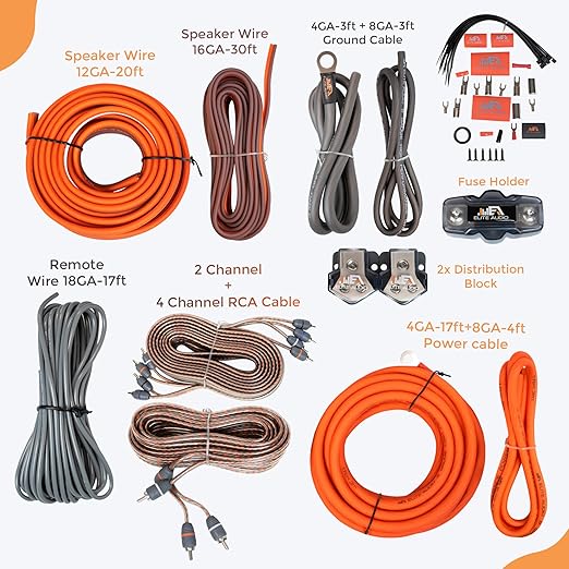 Elite Audio Premium Series Amp Kit Copper Clad Aluminum Wire, Triple-Shielded RCA Cables, High-Power Capacity, ANL Fuse Holder, Car Amplifier Install Kit (4 Gauge (Dual Amp))
