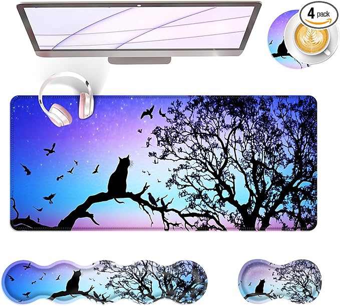 BFUKVOU Large Keyboard Mouse Pad Set, Extended Mouse Pad+Keyboard Wrist Rest Support, Memory Foam Ergonomic Easy Typing, 4Pcs (31.5×11.8 in) Desk Pad Set for Office Home,Black Cat Under Starry Night