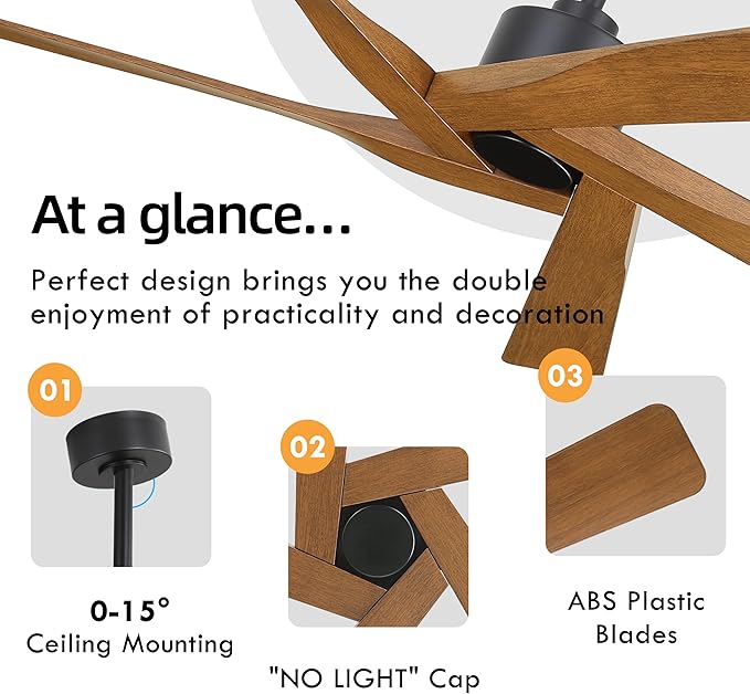 WINGBO 64" ABS DC Ceiling Fan No Light, 5 Blade ABS Plastic Ceiling Fan with Remote, 6-Speed Reversible DC Motor, Ceiling Fans without Light for Kitchen Bedroom Living Room, Matte Black and Walnut