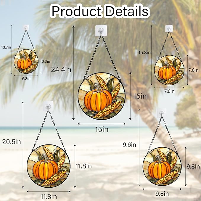 DASTOLL Stained Glass Window Hanging Autumn Harvest Pumpkin Corn 7.8" - Suncatcher Door Garden Kitchen Sunroom Sun Catcher Fall Home Decor Birthday for Mom Grandma Men Woman
