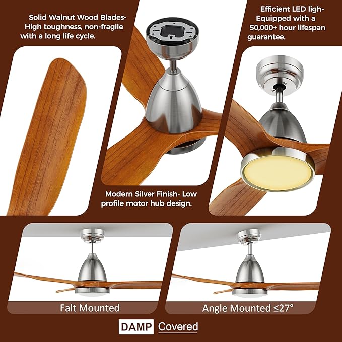 SMAAIR Walnut Solid 3- Blade Ceiling Fans with Lights, Dimmable LED Light, Reversible Motor Control on Remote & App Control 8 HrsTimer and 24 Hrs Schedule, Voice Device Connectable(52inch, Walnut)