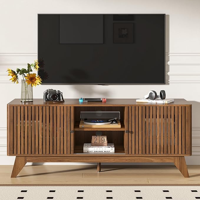Oubayajia Mid Century Modern TV Stand for Televisions up to 60 Inches, with Sliding Doors and Storage, Curved Edge Television Stands, TV Consoles, Media Consoles for Living Room (Walnut, 51.2inch)