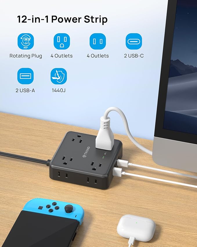 TROND 360° Rotating Flat Plug Power Strip, 10FT Flat Extension Cord with Multiple Outlets 4 USB (2 USB C), Wall Mount Surge Protector 1440 Joules for Home Office Travel Dorm Room Essentials, Black
