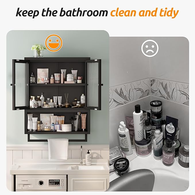Bathroom Wall Cabinet, Over The Toilet Space Saver Storage Cabinet, Medicine Cabinet with 2 Glass Door and Towel Bar, Metal Wall Mounted Cabinet for Bathroom Laundry Room Kitchen