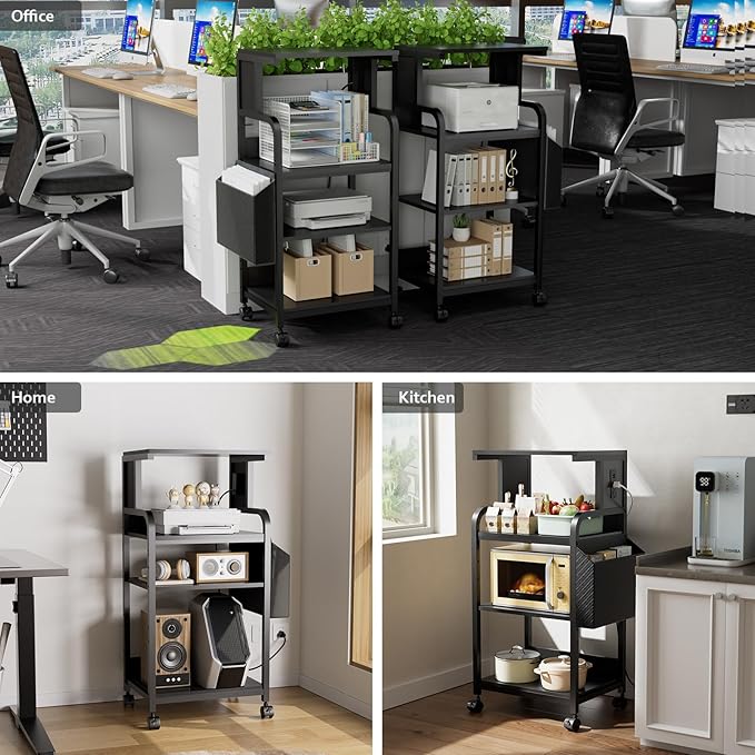 DongRong Tall Printer Stand with Storage Adjustable Shelf and Bag, 4-Tier Large Printer Table with Charging Station for Home Office, Printers Cart with Wheels for 3D Shredder Scanner Fax (Grey)