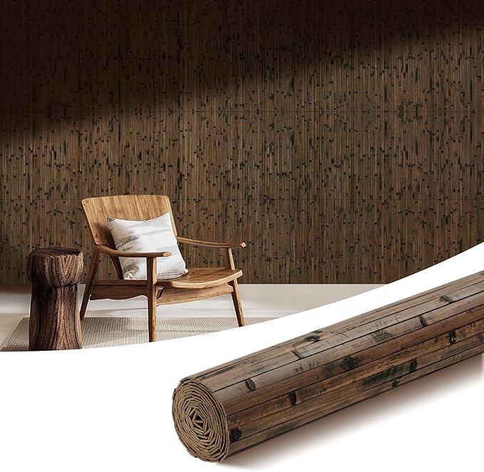 OUZUGIE 1 Pack 96x24 Inch Natural Bamboo Wall Panel – Brown Burned Pole Wrap Paneling for Walls, Ceilings, Cabinets, Furniture – Ideal for Bedroom, Living Room & Office DIY Decor