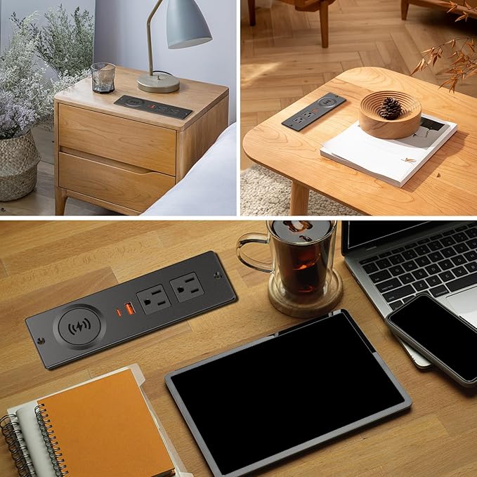 Recessed Power Strip with 15W Wireless Charger, Haiaoyyds Flush Mount Power Strip with 2 Outlets, 2 USB, and 6.56FT Flat Plug Cable, Furniture Recessed Outlet for Drawer, End Table, Sofa, Cabinet
