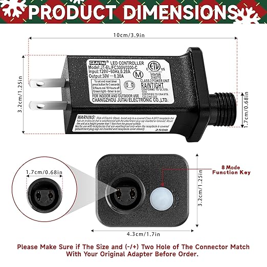 30V 0.2A LED Controller Timer Model JT-EL/FC300V0200-C Class 2 Power Supply Replacement with 8 Lighting Modes, and Memory Function for Christmas Light, LED String Light