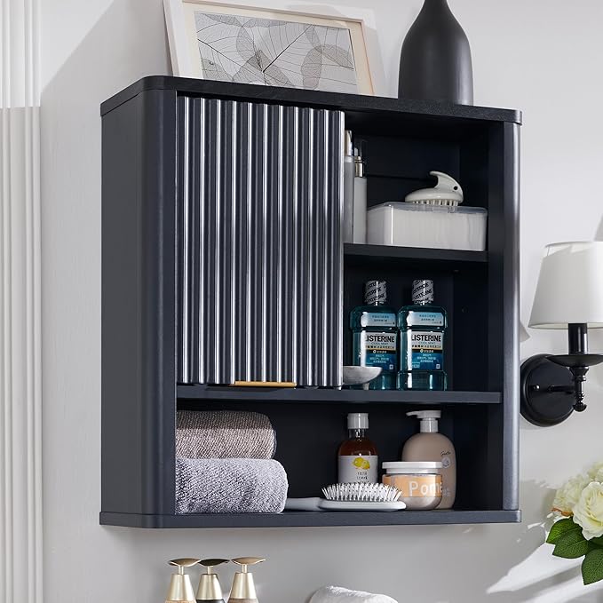 RedLemon Bathroom Wall Cabinet w/Fluted Sliding Door, Modern Medicine Cabinet w/Faux Marble Top & Adjustable Shelf, Curved Profile Wall Mounted Storage Organizer, Dark Grey