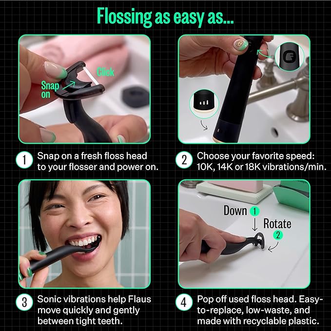 FLAUS Electric Flosser (Oprah's List, Shark Tank) 3 Speeds + 45 Refill Heads (Gentle Gliding Floss for Sensitive Gums) Water Flosser Alternative, Dentist Recommended Tooth Flossers Dental Floss Picks