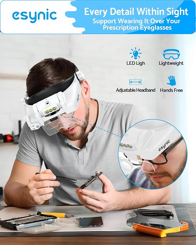 eSynic Comfortable Head Magnifier with Light Storage Case Rechargeable 1X-14X 5 Acrylic Lenses Double Lens Design Adjustable Headband Magnifying Glass for Reading Crafts Jewelry Repair Close Work