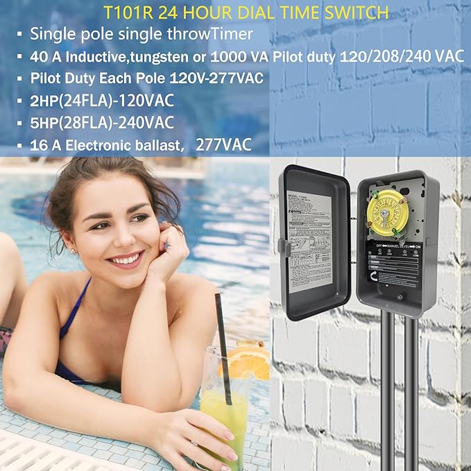 T101R Mechanical Timer Switch, 208–277 VAC 40 Amp,Pool Pump Switch, 24 Hour 12 ON/Off for Pump, Heavy Duty Pool Timers Outdoor, Timer for Pump Lights HVAC Systems, 5 Years Warranty