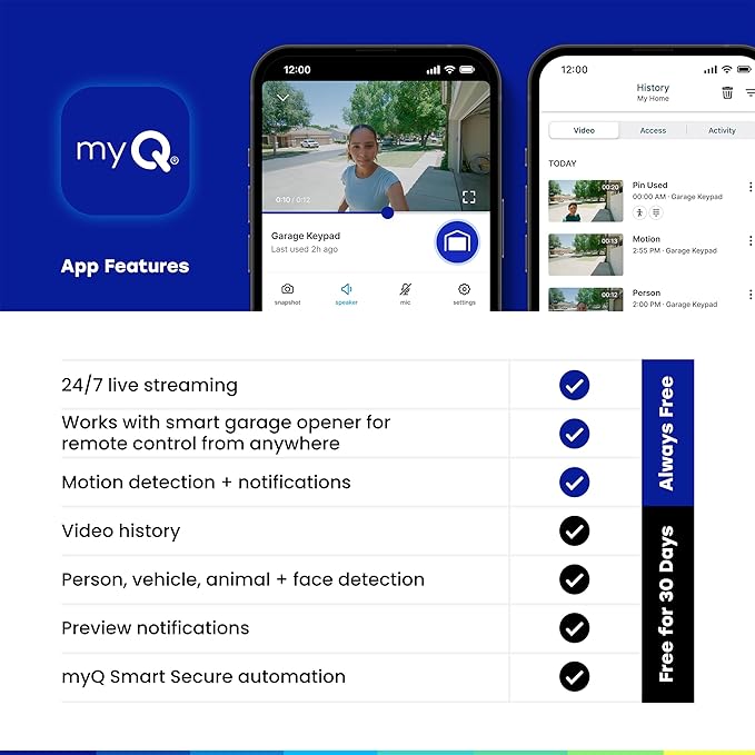 myQ Smart Garage Door Video Keypad with Wide-Angle Camera,Customizable PIN Codes,and Smartphone Control–Take Charge of Your Garage Access Works with Chamberlain, LiftMaster and Craftsman openers,White