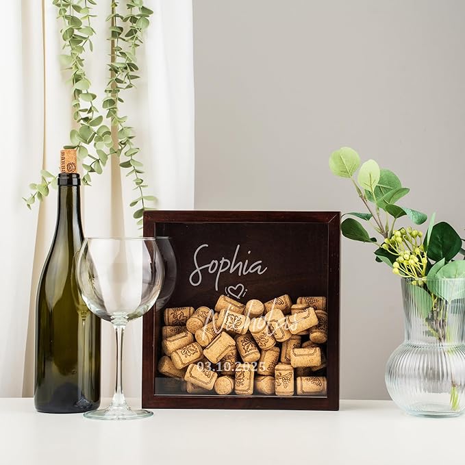 ARYCRAFTS Personalized Wooden Wine Cork Holder Shadow Box – Custom Engraved Display Case for Weddings, Engagements, Anniversaries & Wine Lovers – Rustic Memory Keepsake with Clear Front Panel