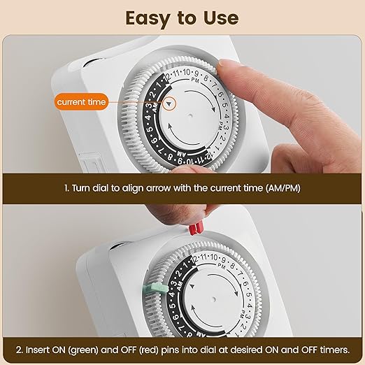 SURAIELEC Mechanical Timer with 2 Grounded Outlets, Indoor Electrical Plug in Timer with Trippers, 24-Hour Programmable and 3 Prong Outlets for Christmas Decorations, Plant Lights, Fan, 15A, White