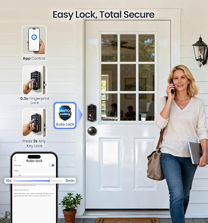 Veise VE017-K Fingerprint Smart Lock with 2 Knobs, App Control, Keyless Entry Front Door Lock with Handle Set, Electronic Digital Touchscreen Keypad Deadbolt, IP55 Waterproof, Auto-Lock, Matte Black