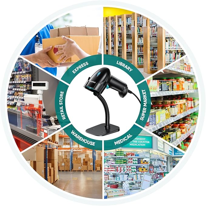 Barcode Scanner with Stand, USB Wired Inventory 2D 1D QR Code Scanner,Compatible with Computer POS MAC with Automatic Scanning, Handheld Barcode Reader for Library Supermarket（Green）