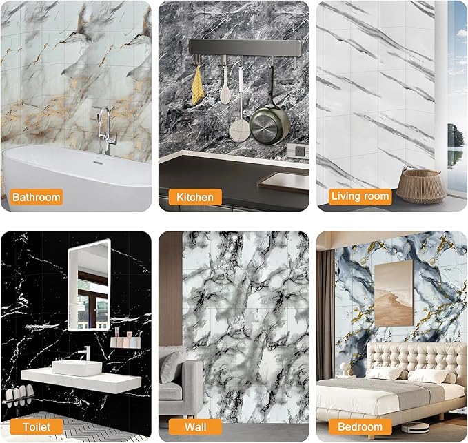 Wall Panels Peel and Stick，PVC Imitation Artificial Marble Tiles Sticker，10 pcs 23.6" L x 11.8" W，Heat-Resistant Backsplash Tile，Ideal for Kitchen Bathrooms Living Rooms Bedrooms.
