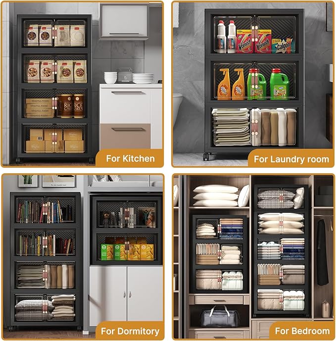 Extra Large Stackable Storage Bins with Lids & Wheels, 275QT-55QT/14GAL*5Pack Foldable Collapsible Closet Organizers Dark Storage Cabinet with Doors for Bedroom Dorm