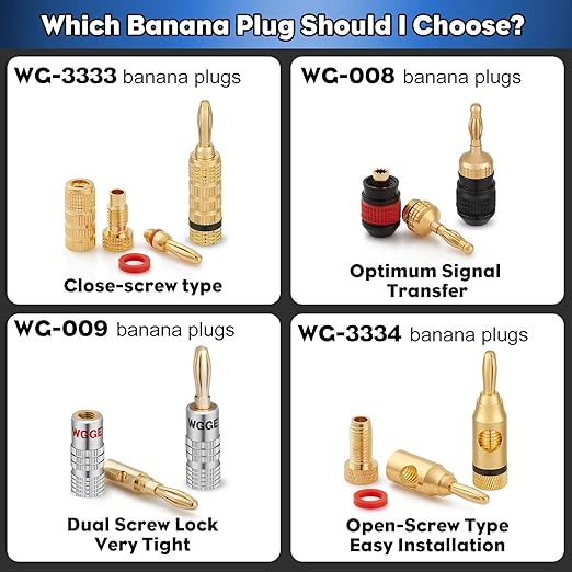 WGGE WG-009 Banana Plugs Audio Jack Connector, 24k Gold Dual Screw Lock Speaker Connector for Speaker Wire, Wall Plate, Home Theater, Audio/Video Receiver and Sound Systems (6 Pairs / 12 pcs)