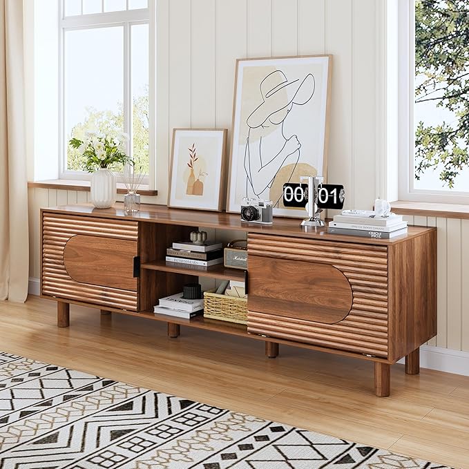 Bifins 63inch Wood TV Stand for Televisions up to 70 Inches,Mid Century Modern Entertainment Center TV Console Table with Storage and Shelf for Living Room Bedroom (Walnut)