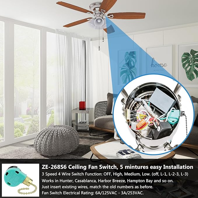 Zing Ear ZE-268S6 3 Speed Ceiling Fan Switch, Pull Chain Cord Switch, Compatible with Hunter Ceiling Fans, Appliances, Replacement Speed Control (Brass Pull Chain)