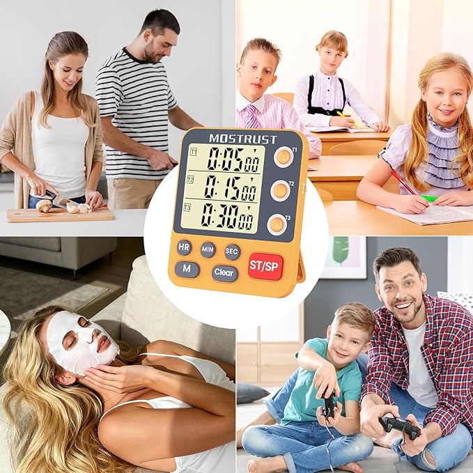 MOSTRUST Digital Dual Kitchen Timer, 3 Channels Countdown Triple Timer for Cooking, Magnetic Memory-Preset Large Display Adjustable Alarm Volume, Multi Times Management, 3A Battery Included, Orange