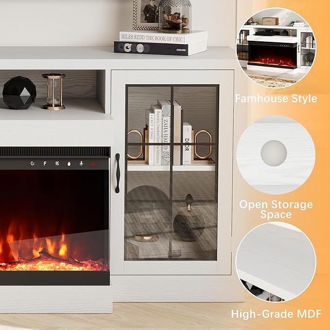 CharaVector 63 inch Fireplace TV Stand for TVs up to 75" with 30" 3-Sided Electric Fireplace, Farmhouse Entertainment Center with Glass Doors & Storage Cabinet, White Oak