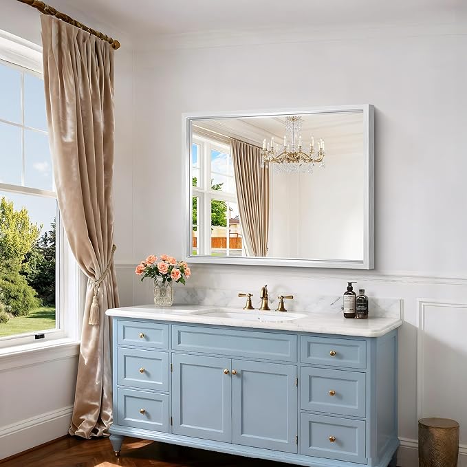 Silver Bathroom Mirror, 36 x 30 Inch Rectangular Wall Mirror 0.6" Thickened Deep Frame, Brushed Silver Vanity Mirrors for Bathroom Sink, Modern Farmhouse, Tempered Glass, Horizontal/Vertical