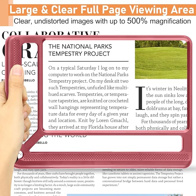5X Full Page Magnifying Glass for Reading, Lightweight Rectangular Magnifier Provides Large Book Page Viewing Area, Handheld Magnifier for Reading Small Prints for Seniors, Low Vision-Red