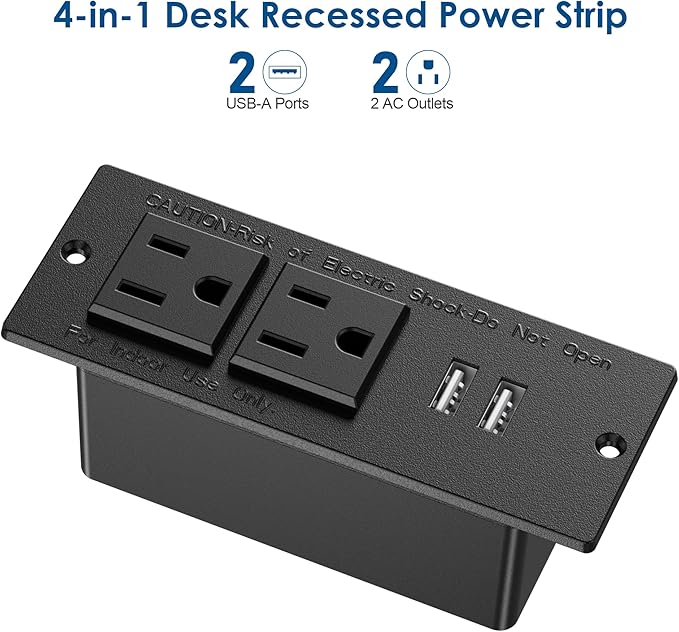 Jgstkcity Conference Recessed Power Strip Socket 9.8Ft Cord,Furniture Flush Mount Charging Station,Desktop Power Grommet Power Strip with 2 Outlets,2 USB Ports,Desk Outlet for Side Table or End Table