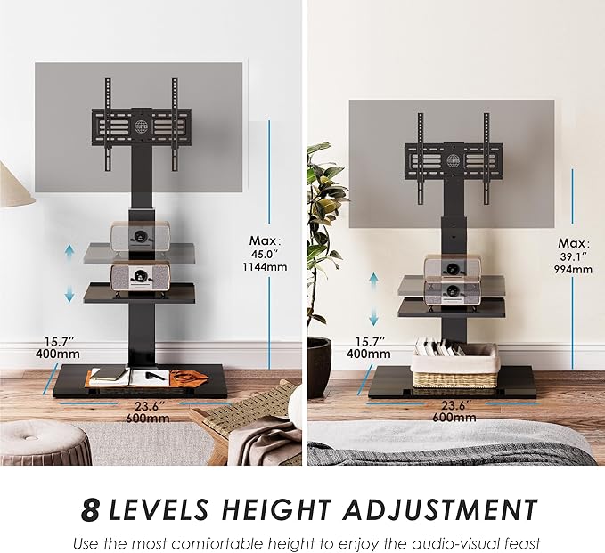 FITUEYES Floor TV Stand with Mount for 32-55 65 Inch TV, Height Adjustable TV Floor Stand with Metal Shelf up to 110 lbs, Swivel Tall TV Stand with Study Iron Base for Living Room, Bedroom