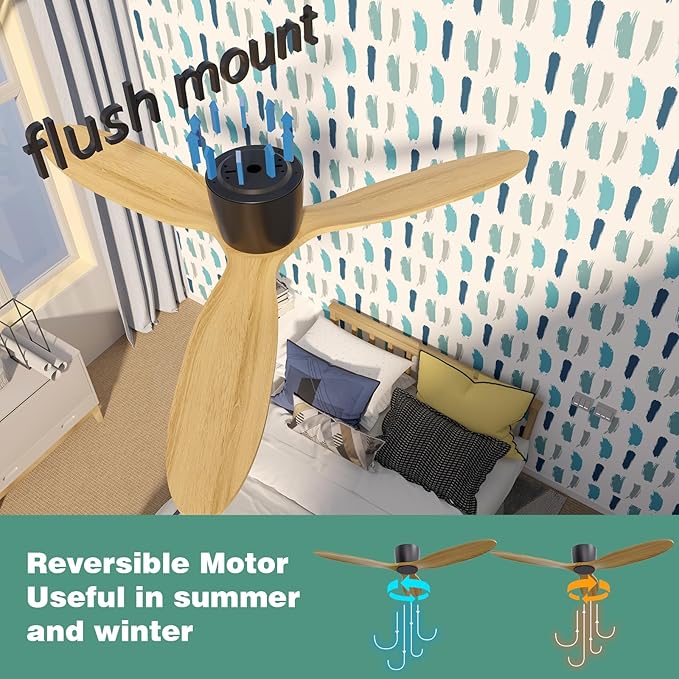 OUATER Flush Mount Ceiling Fan no light with Remote, 52 inch Low Profile Wood Ceiling Fan without light for Outdoor, Bedroom, Natural Wood and matte Black, DC Motor, 6 Speed