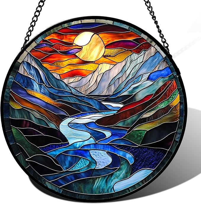 AMDERVEN Stained Glass Window Hanging, Canyon Mountains Sunset View Sun Catcher for Window Home Decor Landscape Suncatcher Mother's Day Birthday Gifts for Women Men Mom and Nana 9.8 in