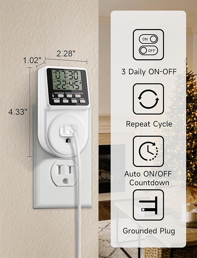 Techbee Digital Infinite Repeat Cycle Intermittent Timer Plug for Electrical Outlet, 24 Hour Programmable Indoor Timed Power Switch with Countdown Delay On and Off (120V, 15A), 1 pack