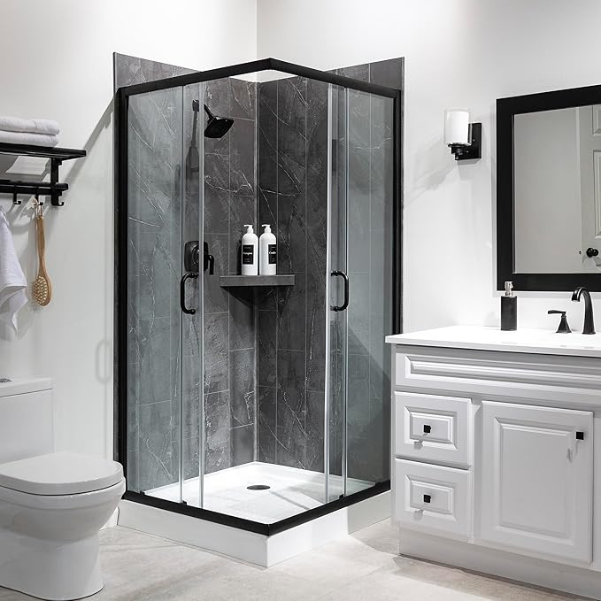 Palisade 78in x 36in x 36in Waterproof Vinyl Corner Shower Surround Kit with Accessories in Urban Quarry