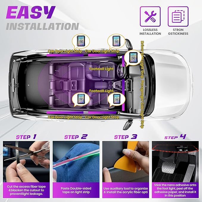 Acrylic Interior Car LED Strip Lights,Colorful 6-in-1 Car Ambient Lighting Kit, with Wireless APP Control, 622 LED Fiber Optic Strip Lights for Cars, Supports Neon Sync with Music DIY Mode.