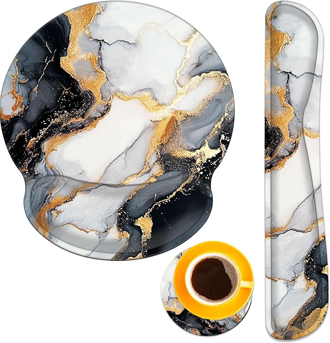 Keyboard Wrist Rest and Mouse Pad Wrist Support Set with Coasters,Non-Slip PU Base Ergonomic Gaming Mousepad for Home Office Working Studying Easy Typing & Pain Relief,Black Gold Marble