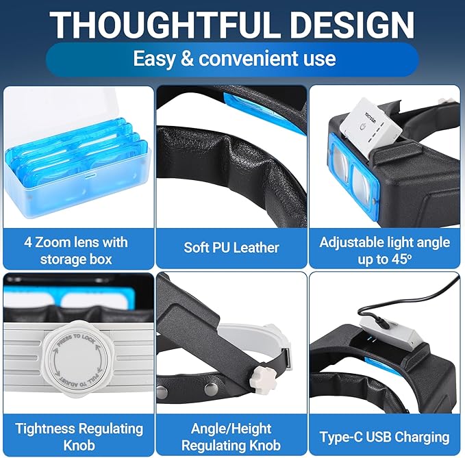 YOCTOSUN Magnifying Glasses with Light for Close Work, Rechargeable Headband Magnifier with 4 Lenses 1.5X-3.5X, Hands Free Magnifying Glass Visor for Jewelers, Crafts, Hobby