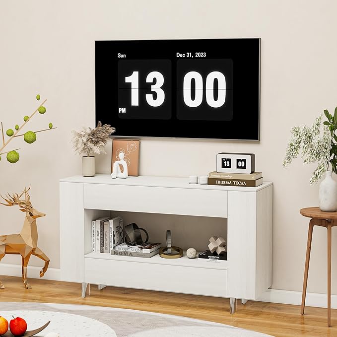 Vavkorkula TV Stand for 55 Inch with 2 Large Drawers & Hidden Storage Cabinets, Modern Farmhouse Entertainment Center Television Stands for Living Room Bedroom, White