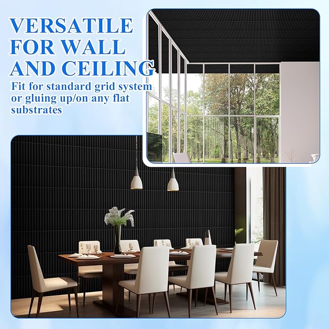Nuanchu 90 Pcs 3D Slat Wall Panels 12 x 12 Inch PVC Fluted Textured Panel Cuttable Paintable DIY Wall Art Decorative Tiles for Ceiling Studio Bathroom Interior TV Background (Black)
