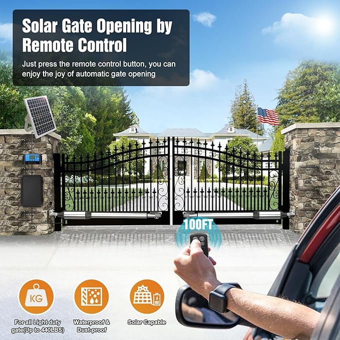JUJIANG C01 Solar Gate Opener with Batteries & Solar Panel for Dual Swing Gates Up to 440lb 12FT per Arm Automatic Gate Opener with Remote Complete Kit Light Duty Automatic Gate Openers Solar Powered