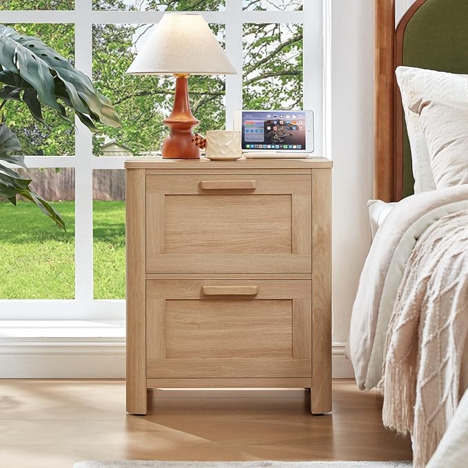Joaxswe Farmhouse Nightstand with Charging Station, End Tables Bedroom with 2 Large Drawers & 4 Thickened Table Legs, Natural Wood