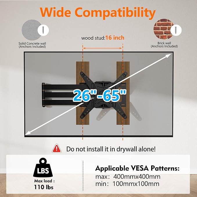 48'' Extension Extra Long Arm TV Wall Mount with Power Outlet, Rotating TV Wall Mount 180° Full Motion Heavy Duty for 26''-65'' Screens, VESA 400x400mm, Load 110 lbs, 16''Wood Stud/Concrete/Brick Wall