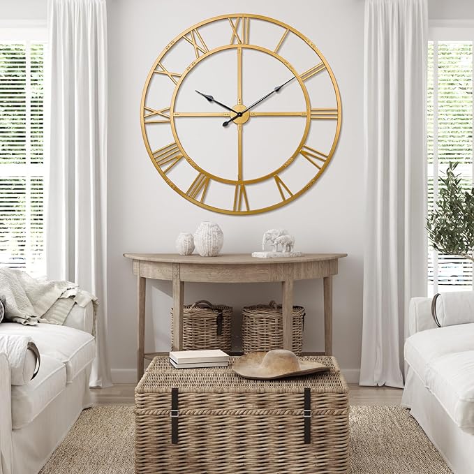 Ohweog Large Wall Clock for Living Room Decor – 48 inch Silent Non-Ticking Modern Farmhouse Wall Clock, Oversized Decorative Metal Roman Numeral Clock, Gold