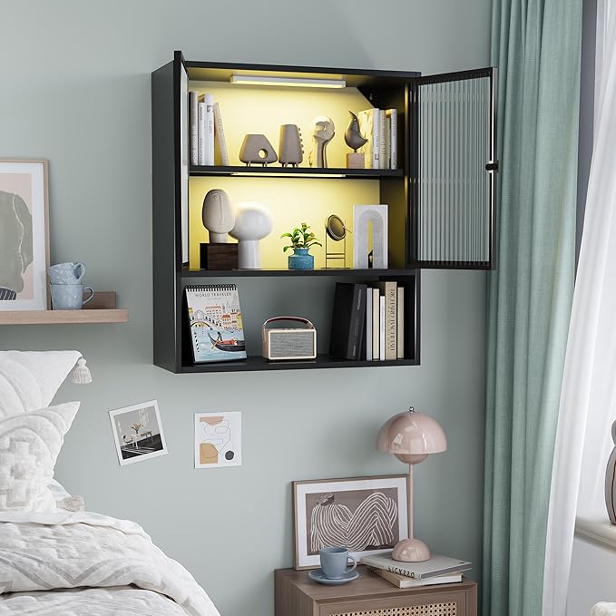 Wall Mounted Bathroom Cabinet with Glass Doors, Metal Over Toilet Storage Cabinets with Open Shelves, Medicine Cabinets for Bathroom, Living Room, Bedroom, Black