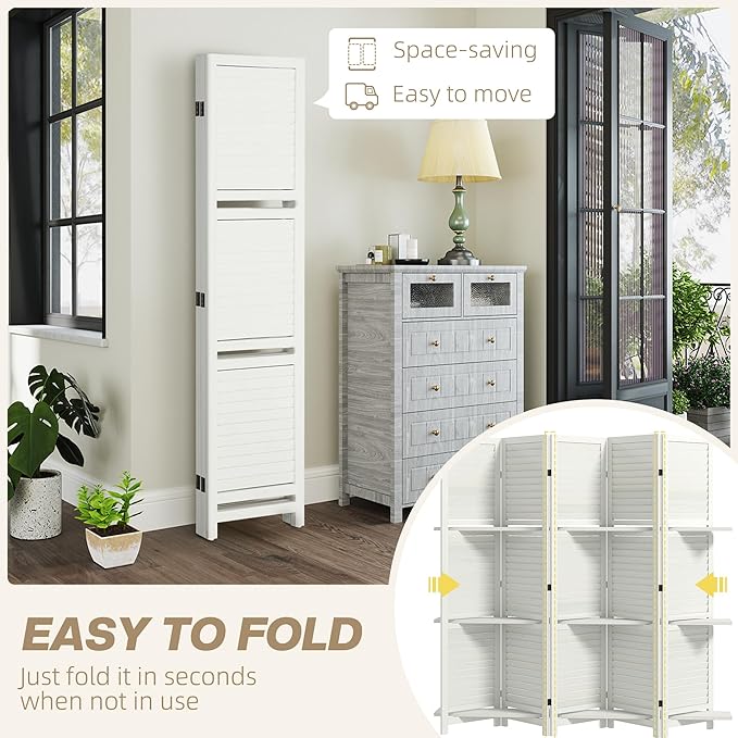 HOMCOM Room Divider, 5 Panel 67" Tall Wood Privacy Screen with 3 Display Shelves, and Folding Storage for Bedroom or Home Office, White