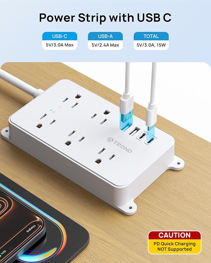 TROND Power Strip with USB, 10ft Extension Cord Surge Protector, 5 Widely Spaced Outlets with 4 USB Ports, ETL Listed, 1300J, Low-Profile Flat Plug, Wall Mountable, White