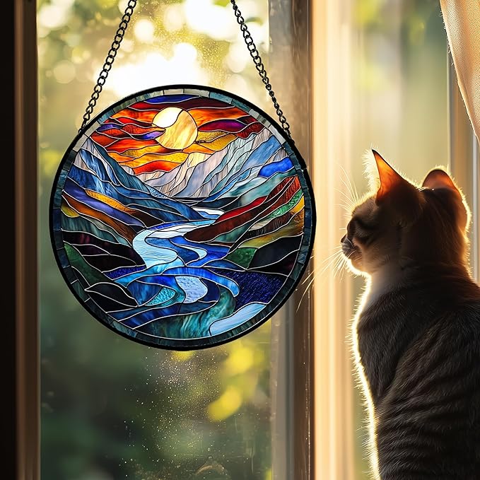 AMDERVEN Stained Glass Window Hanging, Canyon Mountains Sunset View Sun Catcher for Window Home Decor Landscape Suncatcher Mother's Day Birthday Gifts for Women Men Mom and Nana 9.8 in